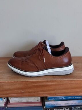 Cole Haan Brown Perforated Leather Derby Sneakers with White Sole